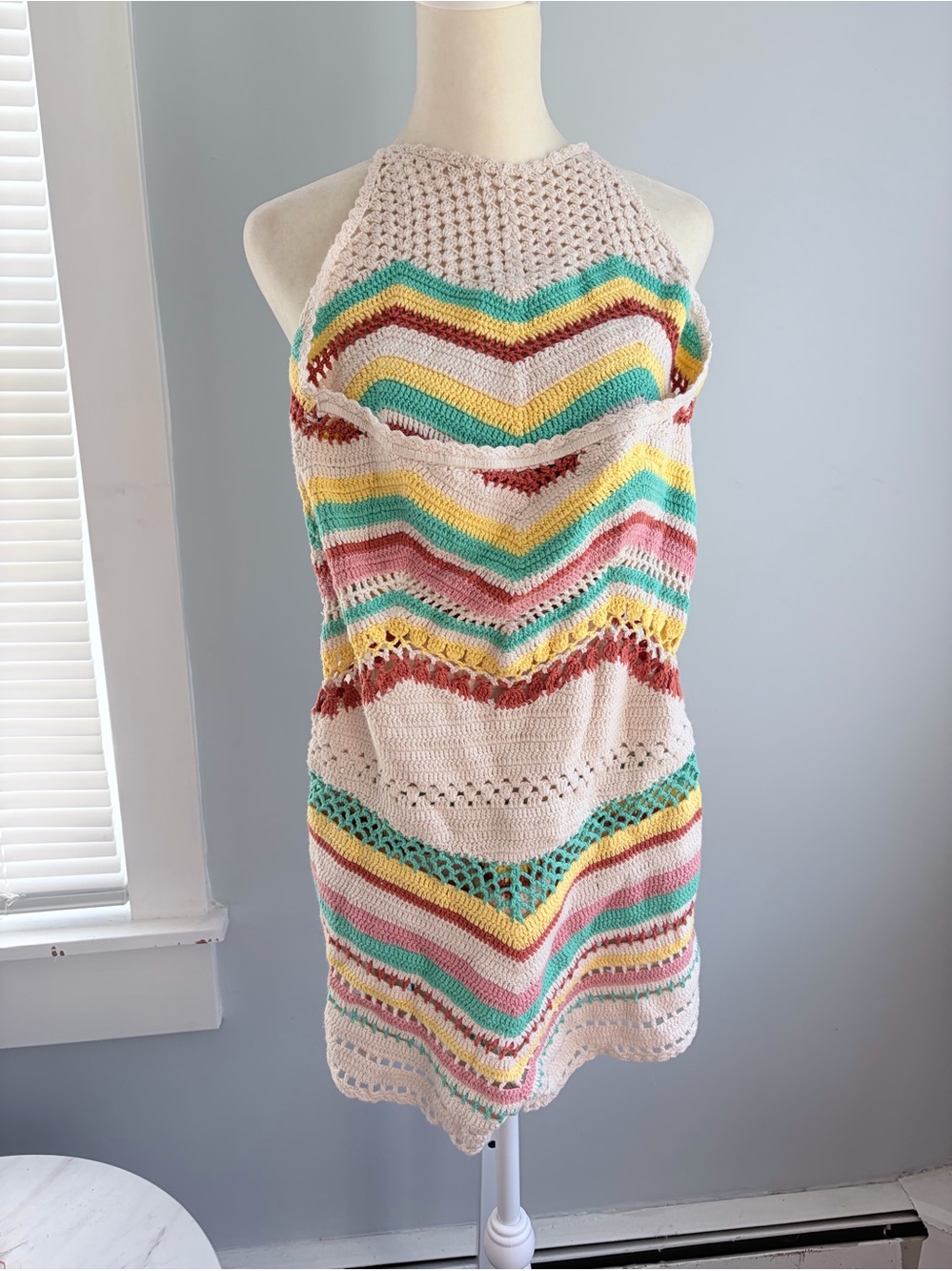 Crochet Cotton Halter Romper Cream Multicolor Chevron Boho Size S - Picture 3 of 10